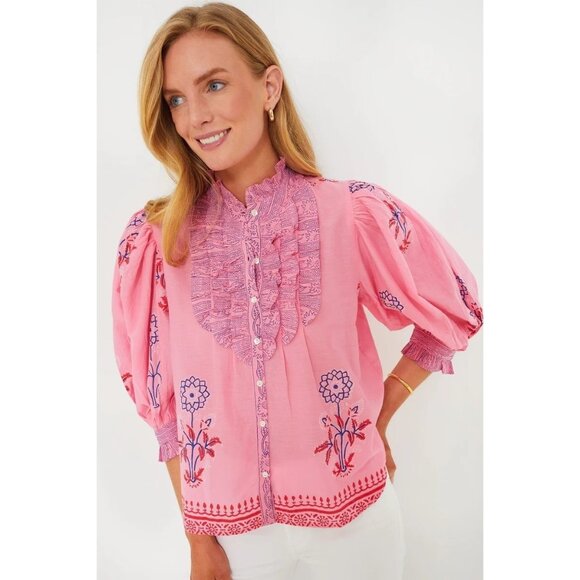 Oliphant Women's Medium Boca Pink Ruffle Front Button Blouse - Picture 1 of 9